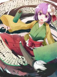  blush calligraphy_brush commentary_request female flower hair_flower hair_ornament hieda_no_akyuu ibuki_notsu ink japanese_clothes open_mouth outstretched_arms paintbrush purple_eyes purple_hair scroll short_hair solo touhou 