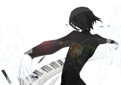  1boy black_hair commentary_request from_behind instrument makayaki_(rikka705) male_focus outstretched_arms piano piano_keys sekomumasada_sensei solo yume_nikki 