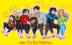  ... 3girls 4boys barbara_gordon barefoot bat_symbol batgirl batman_(series) belt black_bat black_hair blonde_hair blue_eyes bodysuit brother brother_and_sister brothers cape cassandra_cain damian_wayne dc_comics dick_grayson family glasses goshoku jason_todd kuronegro multiple_boys multiple_girls nightwing oracle orange_hair red_hood red_hood_(dc) red_robin robin_(dc) siblings sister sitting stephanie_brown tim_drake yellow_background 