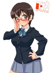  brown_eyes brown_hair commentary_request female glasses inaka_keikou k-on! manabe_nodoka red-framed_eyewear sakuragaoka_high_school_uniform school_uniform semi-rimless_eyewear short_hair under-rim_eyewear 