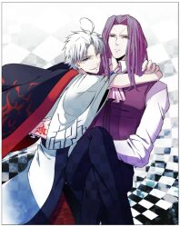  2boys alter_servant alternate_costume alternate_universe ascot cape checkered command_spell commentary_request crossed_legs fate/zero fate_(series) formal grey_eyes heterochromia hug lancelot_(fate/zero) long_hair male_focus matou_kariya multiple_boys purple_eyes purple_hair role_reversal sitting smile spoilers vest white_hair yukihime_(mofumofu2225) 