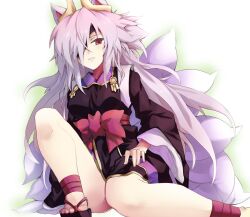  animal_ears bad_id bad_pixiv_id eyepatch female fox_ears fox_tail grey_hair hair_ornament japanese_clothes kuon_(shinrabanshou) long_hair multiple_tails red_eyes shinrabanshou solo tail yude 