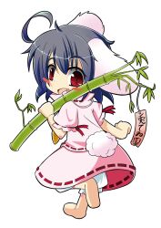  ahoge animal_ears bamboo barefoot bloomers blush_stickers chibi commentary_request female hidamari_(mizuiro_yume_koubou) highres inaba_tewi looking_at_viewer looking_back oerba_yun_fang open_mouth over_shoulder puffy_sleeves purple_hair rabbit_ears rabbit_girl rabbit_tail red_eyes shirt short_hair short_sleeves skirt skirt_set smile solo tail tanabata touhou translated underwear walking 