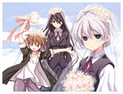  3girls anetai_toyone bad_id bad_pixiv_id blazer blue_eyes blush bouquet bridal_veil brown_eyes brown_hair eguchi_sera flower jacket kosegawa_shiromi long_hair miyamori_school_uniform multiple_girls odawara_hakone photoshop_(medium) red_eyes ribbon saki_(manga) saki_achiga-hen school_uniform short_hair shorts sleeves_rolled_up tomboy veil white_hair 