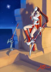  akali blood_moon_akali boots brown_hair commentary_request female highres league_of_legends long_hair mask ponytail red_eyes signature sitting solo star_(symbol) weapon x85219960 