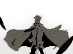  1boy amore1989 bad_id bad_pixiv_id coat coat_lift emiya_kiritsugu fate/zero fate_(series) highres male_focus microphone_stand monochrome necktie photoshop_(medium) simple_background solo white_background wind wind_lift 