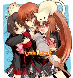  2boys bad_id bad_pixiv_id bow brown_eyes brown_hair crossdressing feline female kusunokiokonogi lennon little_busters! little_busters!_school_uniform long_hair multiple_boys naoe_riki natsume_kyousuke natsume_rin otoko_no_ko pink_bow ponytail red_eyes school_uniform short_hair 