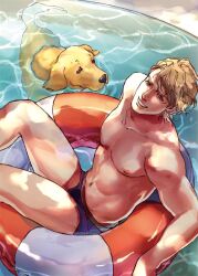  1boy akou bad_id bad_pixiv_id black_male_underwear blonde_hair blue_eyes boxer_briefs canine innertube john_(tiger_&amp;_bunny) keith_goodman male_focus male_underwear photoshop_(medium) swim_ring tiger_&amp;_bunny topless_male underwear water 