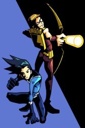  2boys aqua_lad arrow bodysuit bow_(weapon) cartoon_network dc_comics fighting_stance garth k_kumahachi male male_focus mask multiple_boys orange_hair roy_harper sleeveless solid_eyes speedy teen_titans weapon 