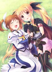  2girls absurdres armor belt blonde_hair blush brown_hair buckle cape closed_eyes dress fate_testarossa fingerless_gloves gloves hair_ribbon hand_holding highres long_hair lyrical_nanoha mahou_shoujo_lyrical_nanoha mahou_shoujo_lyrical_nanoha_a&#039;s mahou_shoujo_lyrical_nanoha_the_movie_2nd_a&#039;s multiple_girls oimo open_mouth red_eyes ribbon short_twintails skirt takamachi_nanoha thighhighs twintails 