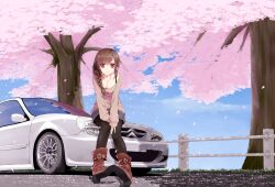  black_pantyhose braid breasts brown_hair car cherry_blossoms citroen citroen_xsara cleavage commentary female long_hair looking_at_viewer medium_breasts motor_vehicle on_vehicle original outdoors pantyhose petals purple_eyes single_braid sitting smile solo tree uttt 