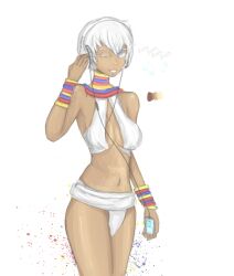  bare_shoulders beats_by_dr._dre bikini blue_eyes bracelet breasts dark-skinned_female dark_skin digital_media_player duck_hermano elena_(street_fighter) female headphones highres jewelry listening_to_music midriff navel neck_ring one_eye_closed photoshop_(medium) short_hair solo street_fighter street_fighter_iii_(series) swimsuit very_dark_skin white_hair 