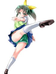  absurdres bad_id bad_pixiv_id blush dodai_shouji female green_eyes green_hair green_shorts green_sweater_vest gym_shorts highres kicking loafers midorikawa_nao nanairogaoka_middle_school_uniform panties ponytail precure school_uniform shoes short_hair shorts shorts_under_skirt skirt sleeves_rolled_up smile smile_precure solo striped_clothes striped_panties sweater_vest underwear upshorts 