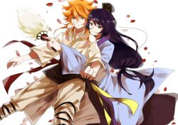  1boy amemiya_taiyou chinese_clothes commentary_request female hanfu hug inazuma_eleven_(series) inazuma_eleven_go japanese_clothes long_hair orange_hair purple_eyes smile tanisakiho zhuge_kongming_(inazuma_eleven) 