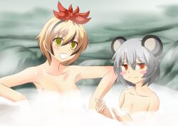  2girls animal_ears bare_shoulders be_(o-hoho) black_hair blonde_hair blush blush_stickers collarbone commentary_request derivative_work fate/stay_night fate_(series) green_eyes grey_hair hair_ornament mouse_ears multicolored_hair multiple_girls nazrin onsen open_mouth orange_eyes parody same-sex_bathing shared_bathing short_hair smile toramaru_shou touhou two-tone_hair 