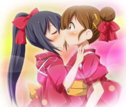  2girls alternate_hairstyle black_eyes blush brown_eyes brown_hair closed_eyes commentary_request from_side hair_bun hirasawa_yui japanese_clothes k-on! kimono kissing long_hair multiple_girls nakano_azusa pink_kimono ponytail profile shishinon short_hair single_hair_bun surprised tasuki yuiazu_(unit) yukata yuri 