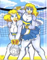  1997 accessory anthro armor avian ball beach beak big_breasts bird blonde_hair blue_clothing blue_eyes bottomwear bra bracers breasts clothing cloud colored duo eyeshadow eyewear feathers female gull hair hair_accessory hairband lari larid lolicon looking_at_viewer makeup mother_(lore) net non-mammal_breasts oscar_marcus outside parent_(lore) pinup pose seaside skirt sky soccer_ball sport sports_bra sunglasses underwear volleyball_net white_body white_feathers young 