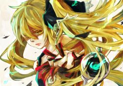  bad_id bad_pixiv_id blonde_hair colored_eyelashes commentary_request doll female floating_hair grabbing_another&#039;s_hair hair_between_eyes hair_over_one_eye jitome lips long_hair marion_phauna sakuramochi1003 serious shaman_king twintails wind yellow_eyes 