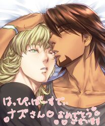  2boys absurdres barnaby_brooks_jr. blonde_hair closed_eyes commentary_request facial_hair green_eyes highres kaburagi_t._kotetsu male_focus multiple_boys okojo_(qqww) photoshop_(medium) tears tiger_&amp;_bunny 