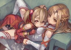  2girls asuna_(sao) bare_shoulders black_thighhighs blush braid breast_pillow breasts brown_eyes brown_hair commentary_request couch detached_sleeves dress fingerless_gloves gloves hair_between_eyes hand_on_another&#039;s_head knights_of_blood_uniform_(sao) long_hair looking_at_viewer lying lying_on_person medium_breasts multiple_girls on_back on_couch open_mouth red_eyes short_hair short_twintails silica skirt smile spread_legs suzuno_(bookshelf) sword_art_online thighhighs twintails white_dress white_thighhighs 