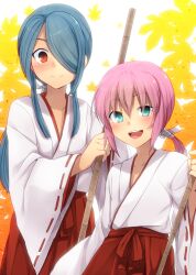  2boys :d androgynous aqua_eyes autumn_leaves bad_id bad_pixiv_id bamboo_broom blue_hair blush broom hair_over_one_eye inazuma_eleven_(series) inazuma_eleven_go japanese_clothes kazemaru_ichirouta kirino_ranmaru long_hair looking_at_viewer male_focus marimo_danshaku multiple_boys open_mouth otoko_no_ko pink_hair ponytail red_eyes smile 