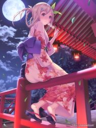  banned_artist barefoot blonde_hair blue_eyes blush dango food full_moon holding japanese_clothes kimono lantern leaf mana_kakkowarai md5_mismatch moon original petals sitting solo wagashi watermark web_address wind 