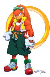  1boy belt blue_eyes commentary dated english_commentary furry furry_male gloves goggles goggles_on_head knuckles_the_echidna looking_at_viewer male_focus mouth_hold muscular parody rat_rage red_hair ring_(sonic) robaato scowl shorts signature solo sonic_(series) standing style_parody toothpick vest 