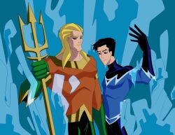  2boys aqua_lad aqua_man aquaman_(dc) aquaman_(series) arthur_curry black_hair blonde_hair dc_comics garth male male_focus multiple_boys polearm superhero trident water weapon 