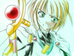  1boy artist_request blonde_hair cape green_eyes lyrical_nanoha mahou_shoujo_lyrical_nanoha male male_focus raising_heart solo yuuno_scrya 