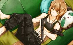  amane_suzuha ame_noti_hare armband bare_shoulders braid brown_hair commentary_request couch crossed_legs female gun jewelry lying midriff necklace on_back pants short_hair sitting solo steins;gate twin_braids weapon yellow_eyes 