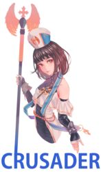  bare_shoulders black_hair brown_eyes commentary cross detached_sleeves dress dungeon_and_fighter female female_crusader_(dungeon_and_fighter) female_priest_(dungeon_and_fighter) gauntlets hat highres jewelry litra_(ltr0312) long_hair looking_at_viewer smile solo 