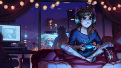  animal_print bed bed_sheet brown_eyes brown_hair building casual chair city_lights closed_mouth collarbone commentary computer_mouse controller curtains d.va_(overwatch) doritos dualshock english_commentary facepaint facial_mark female frilled_pillow frills frog_print game_console game_controller gamepad headphones highres holding indian_style indoors kienan_lafferty long_hair long_sleeves making-of_available monitor neet night night_sky off-shoulder_shirt off_shoulder overwatch overwatch_1 pachimari pillow playing_games playstation_4 playstation_controller rabbit_print shirt sitting sky socks solo stuffed_animal stuffed_octopus stuffed_toy tower twitch.tv video_game whisker_markings window 