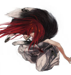  animal_hands bandages blood blood_on_weapon breasts female fur green_eyes highres knife kurosujuu long_hair looking_at_viewer medium_breasts red_hair sarashi shut_hell shut_hell_(character) simple_background smile solo weapon white_background 