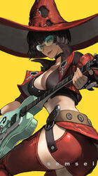  absurdres belt belt_buckle buckle david_semsei electric_guitar female fingerless_gloves gloves guilty_gear guilty_gear_strive guitar hat heterochromia highres i-no instrument jacket looking_at_viewer mole mole_above_mouth music playing_instrument red_hat red_jacket red_lips short_hair solo sunglasses tinted_eyewear venus_symbol very_short_hair witch_hat yellow_background 