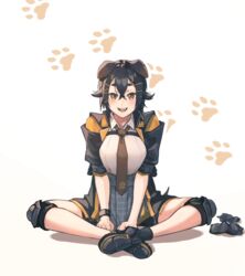  :d absurdres animal_ears arknights ayatama black_footwear black_hair black_jacket breasts brown_eyes brown_necktie commentary_request dog_ears female hair_between_eyes hair_ornament hairclip highres indian_style jacket jackie_(arknights) knee_pads looking_at_viewer medium_breasts necktie open_clothes open_jacket open_mouth partial_commentary paw_print shadow shirt shoes short_hair short_sleeves simple_background sitting smile solo white_background white_shirt 