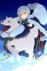  animal artoria_pendragon_(fate) blush bow canine capelet cavall_the_2nd christmas closed_mouth commentary_request echo_(circa) fate/grand_order fate_(series) female fur-trimmed_capelet fur_trim green_bow hair_between_eyes hat multicolored_bow night night_sky red_bow samoyed_(dog) santa_alter santa_costume santa_hat short_hair sky sled solo star_(sky) twitter_username white_dog yellow_eyes 