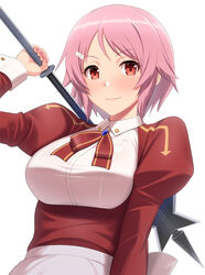  apron arm_up blush breasts closed_mouth commentary_request dress female flanged_mace freckles hair_ornament hairclip highres holding holding_mace holding_weapon juliet_sleeves kawase_seiki large_breasts lisbeth_(sao) long_sleeves looking_at_viewer mace nail_polish neck_ribbon parted_bangs pink_hair pink_nails puffy_sleeves red_dress red_eyes red_ribbon ribbon short_hair smile solo sword_art_online underbust upper_body waist_apron weapon white_apron 