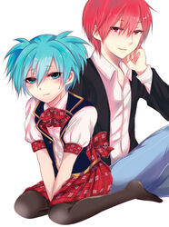  2boys akabane_karma ansatsu_kyoushitsu bad_id bad_pixiv_id black_legwear blue_eyes blue_hair blush collar collared_shirt commentary_request crossdressing kunugigaoka_middle_school_uniform male_focus multiple_boys open_mouth otoko_no_ko photoshop_(medium) red_hair ribbon school_uniform shiota_nagisa shirt shisei_(kyuushoku_banchou) short_hair short_twintails simple_background skirt smile sweat twintails white_background yellow_eyes 