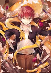  2boys akabane_karma ansatsu_kyoushitsu belt collarbone collared_shirt commentary_request explosive grenade grin gun hat knife koro-sensei kunugigaoka_middle_school_uniform looking_at_viewer male_focus multiple_boys parrareru red_hair school_uniform shirt short_hair smile smoke tentacle weapon yellow_eyes 