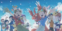  2girls 6+boys :d anniversary arm_up blush bokomon celebration closed_eyes cloud cloudy_sky commentary_request culumon day digimon digimon_(creature) digimon_frontier digimon_tamers digital_hazard falling_petals goggles goggles_on_head goggles_on_headwear guilmon happy head_wreath himi_tomoki impmon kanbara_takuya kimura_kouichi koujidf lee_jianliang lolicon looking_at_viewer makino_ruki matsuda_takato minamoto_kouji multiple_boys multiple_girls neamon neck_fur open_mouth orimoto_izumi outdoors patamon petals renamon shibayama_junpei short_hair sky smile teeth terriermon upper_teeth_only 