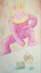  &gt;:3 anthro closed_eyes crouching deviantart dice dogisaga fur gambling head_markings hi_res kyung_and_friends lagomorph leporid male mammal markings marmalade_(dogisaga) painting_(artwork) pink_body pink_fur rabbit solo tail traditional_media_(artwork) watercolor_(artwork) watermark whiskers yellow_markings yellow_tail 