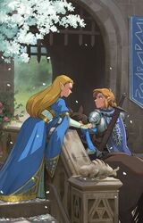  1boy absurdres armor blonde_hair blue_cape blue_dress blue_eyes braid cape commentary dress english_commentary female fine_art_parody flower from_side gate god_speed_(painting) highres horse horseback_riding link long_hair long_sleeves looking_at_another malin_falch outdoors parody pointy_ears princess_zelda riding shoulder_armor soldier&#039;s_set_(zelda) standing sword the_legend_of_zelda the_legend_of_zelda:_breath_of_the_wild tree weapon weapon_on_back white_flower 