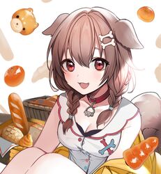  :3 animal_collar animal_ears anpan bad_id bad_twitter_id baguette blush bone_hair_ornament braid bread breasts brown_eyes brown_hair buckle buttons chocolate_cornet cleavage collar collarbone croissant daimaou_ruaeru dog_ears dog_girl dog_tail doughnut dress female food hair_between_eyes hair_ornament hairclip highres hololive inugami_korone inugami_korone_(1st_costume) knees long_hair low_twin_braids melon_bread mouth_hold oerba_yun_fang open_mouth red_collar shirt short_sleeves simple_background sitting smile solo tail tongue twin_braids twintails virtual_youtuber white_background white_shirt 