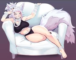  animal_ear_fluff animal_ears anklet barefoot black_nails black_panties borrowed_character bracelet breasts calvin_klein chain_necklace chains commentary couch english_commentary eymbee facial_tattoo feet female fingernails fox_ears fox_girl fox_tail full_body grey_eyes grin highres jewelry jpeg_artifacts large_breasts large_tail legs_together long_fingernails looking_at_viewer lying nail_polish navel necklace on_side original panties product_placement reclining ring sharp_teeth short_ponytail slit_pupils smile solo tail tattoo teeth thick_eyebrows thick_thighs thighs thumb_ring toe_ring toenail_polish toenails too_many underwear underwear_writing white_hair wristlet 