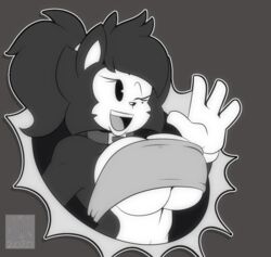  5_fingers anthro big_breasts blinki_the_wolf breasts canid canine canis clothed_breasts clothing collar female fingers fleischer_style_toon gesture gloves greyscale handwear mammal markings mklancer00 mole_(marking) monochrome one_eye_closed open_mouth open_smile smile solo teeth tongue toony topwear tube_top under_boob underwear waving wink wolf 