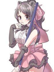  :o animal_ears arm_warmers back_bow bear_ears bear_girl bergman&#039;s_bear_(kemono_friends) black_eyes black_hair bow bowtie brown_hair buttons center_frills chicha_(chi_cha_rigbo) collared_shirt female frills fur-trimmed_skirt fur_trim hairbow holding holding_weapon kemono_friends long_hair looking_at_viewer open_mouth pink_nails pink_skirt ponytail shirt skirt sleeveless solo suspender_skirt suspenders weapon 