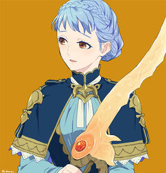  blue_hair blutgang_(fire_emblem) braid brown_eyes commentary_request female fire_emblem fire_emblem:_three_houses guttary hair_bun holding holding_weapon looking_to_the_side marianne_von_edmund open_mouth simple_background single_hair_bun solo weapon 