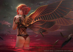  andy_liong artist_name ass commentary english_commentary feathers female from_behind grey_eyes light looking_back original profile red_hair solo thong wading wings 