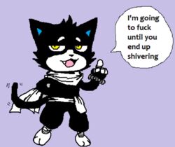  anthro blue_inner_ear dialogue domestic_cat english_text eyebrows fangs felid feline felis gesture hand_gesture male mammal pointing profanity rhonbon scarf solo speech_bubble teeth text white_eyebrows wristband yellow_eyes 