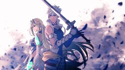  1boy addam_origo aegis_sword_(xenoblade) back-to-back bare_shoulders breasts cowboy_shot elbow_gloves female gloves highres holding holding_sword holding_weapon large_breasts mythra_(xenoblade) sword tiara two-handed_sword weapon white_background white_gloves xenoblade_chronicles_(series) xenoblade_chronicles_2 xenoblade_chronicles_2:_torna_-_the_golden_country yellow_eyes yumiyoiyoi 